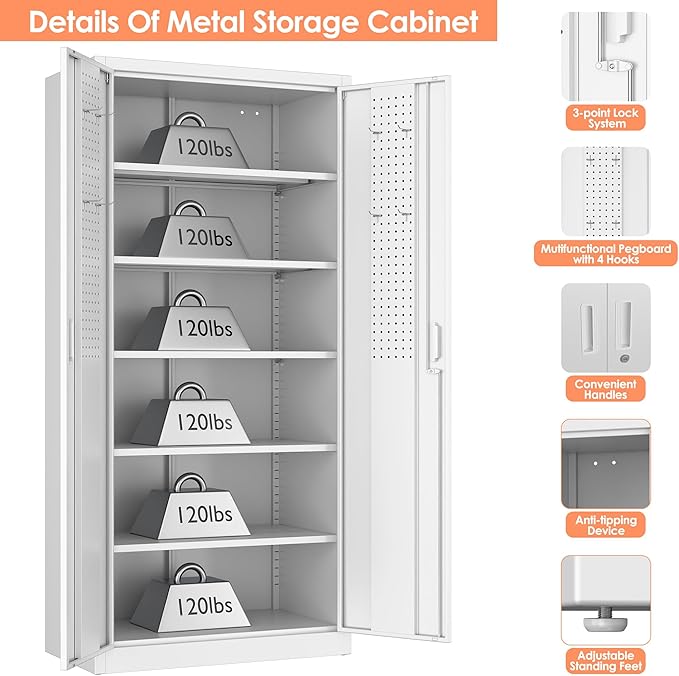 Metal Storage Cabinet with 5 Adjustable Shelves and Pegboard, 71" H White Garage Storage Cabinet with Doors, Metal File Cabinet for Garage,Home, Office, White, Assembly Required
