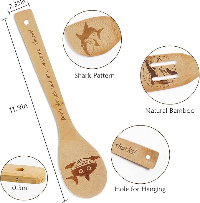 5PCS Shark Wooden Cooking Spoons Kitchen Decor Shark Gifts for Women Men Shark Lovers Birthday Gifts Party Favors Housewarming Wedding Bamboo Cooking Spoons for Everyday Use
