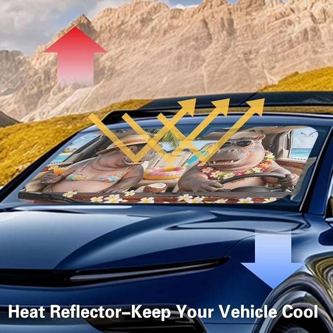Funny Hippos Sun Shade for Car Windshield Foldable Front Windshield Shade for Sun Auto Vehicle Shield Reflective Sun Visor Block UV Rays Fit Car Front Window for Trucks SUV Van