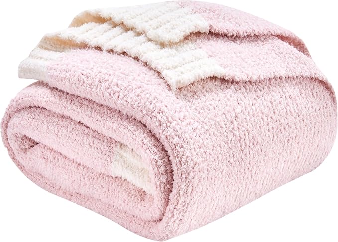 CozeCube Super Soft Fullfy Microfiber Reversible Knitted Blankets, Warm Cozy Fuzzy Plush Throw, Pink and White Melange Throw Blanket for Couch Bed Sofa, 60" x 80"