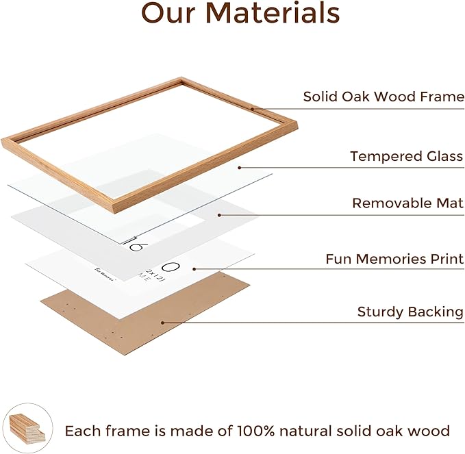 16x20 Picture Frame for Wall, 16 x 20 Solid Oak Wood Frames, Tempered Glass, 16x20 Picture Frame with Mat for 11x14, 16 by 20 Wood Frames, 16 x 20 Matted Poster Frame, Natural Oak Color