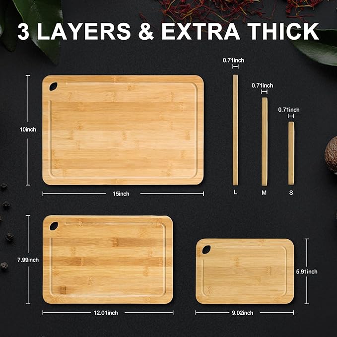 Bamboo Cutting Board Set of 3 for Kitchen, Chopping Boards with Juice Groove & Built-in Handles, Perfect for Meat, Vegetables, Fruits, Kitchen Gift for Home Cooks & Chef, Light Yellow