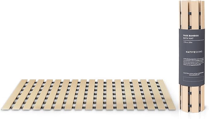 NativeSkins Faux Bamboo Bath Mat, Non-Slip Safety Lining, Bamboo Shower Mat, Waterproof, Quick-Drying, Mat for Spa, Sauna Mat, Teak Bath - Medium 16.9 x 25.2 inches
