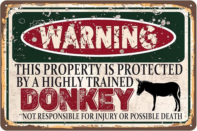 Vintage Donkey Metal Sign Wall decor | Warning this property is protected bY a highly trained Donkey Sign Funny Tin Signs 12x8 Inch