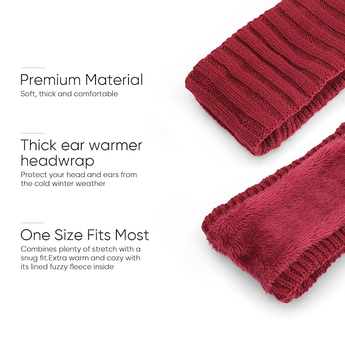 AQOKKA Knit Winter Headbands for Women Fuzzy Wool Fleece Lined Ear Warmers Elastic Turban Crocheted Head Wrap Winter Accessories for Women Cold Weather