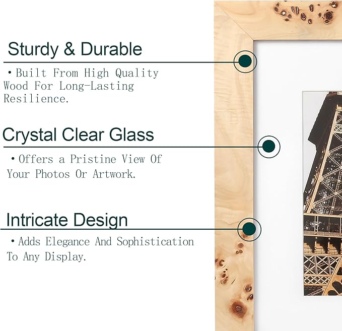 Concepts - 8x10 Matted to 5x7 Burl Wood Picture Frames - Natural Wood Finish Picture Frames for Family Photos - Elegant Wallhung Decor in Bulk