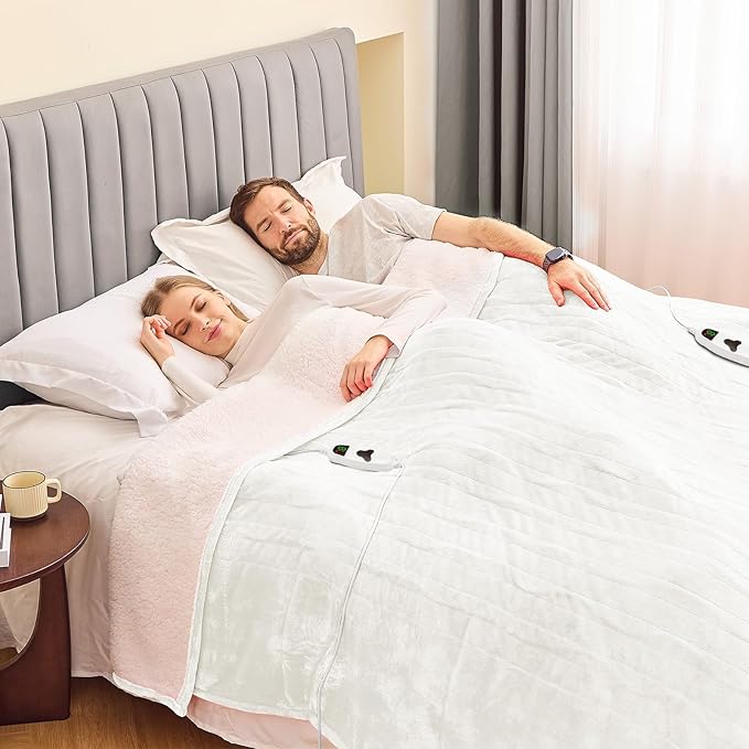greenoak Heated Blanket Electric King Size 100"X90" Dual Control, Heating Blankets with 10 Levels 8 Hours Auto-Off, Soft Flannel Fluffy House Warming Gifts for Grandma Seniors Mom,Pure White
