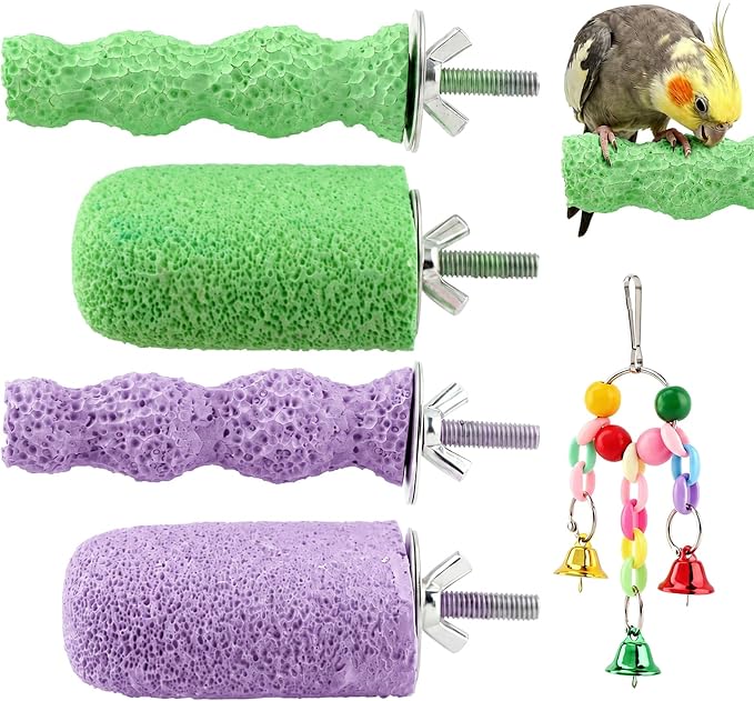 4 Pcs Bird Beak Grinding Stones, Small & Medium Bird Parrot Cage Perch | Bird Cage Stand Plat Form Foot Claws Trimmer with Swing Bell