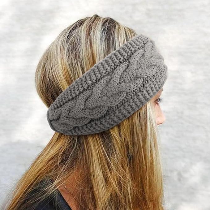 AQOKKA Knit Winter Headbands for Women Fuzzy Wool Fleece Lined Ear Warmers Elastic Turban Crocheted Head Wrap Winter Accessories for Women Cold Weather