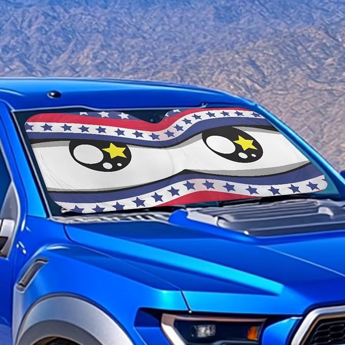 Cute Big Eyes Car Front Windshield American Flag Sun Shade Block UV Rays Sun Shade for UV Protection Foldable Front Window Cover Sun Visor Protector Accessories for Cars Truck SUV