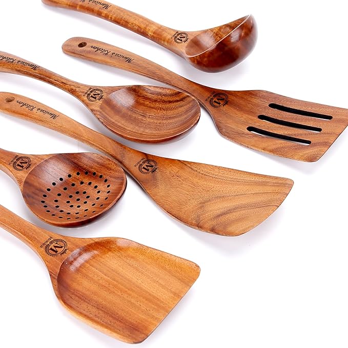 Personalized Wooden Cooking Spoons, Ladle and Spatula – Custom Engraved Teak Wood Utensils Set of 6, Ideal Gift for Housewarming, Christmas, Weddings & Friends