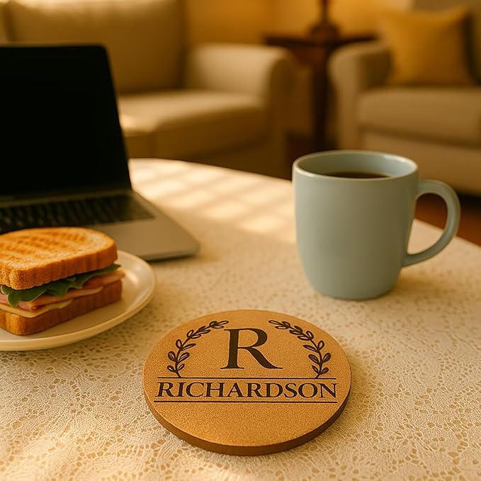 Set of 5 Personalized Custom Monogram Cork Coasters, Custom Wedding, Housewarming Gifts, Promotional Giveaways (Design #3)