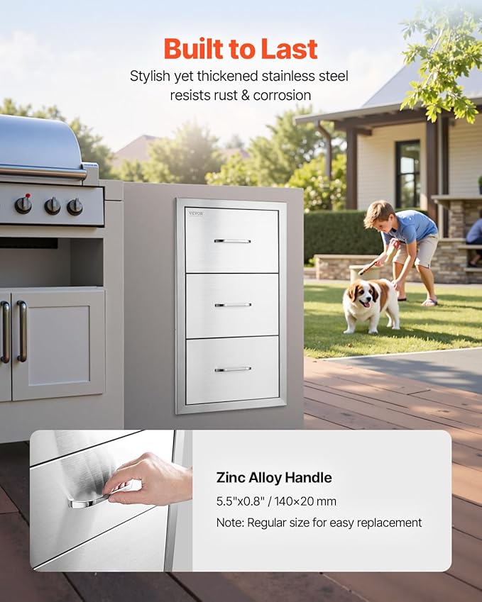 VEVOR Outdoor Kitchen Drawers 17W x 30H x 21D Inch, Outdoor Kitchen Cabinets, Stainless Steel Double Access Drawers, with Paper Towel Holder, Combo for BBQ Island Drawers or Grill Station