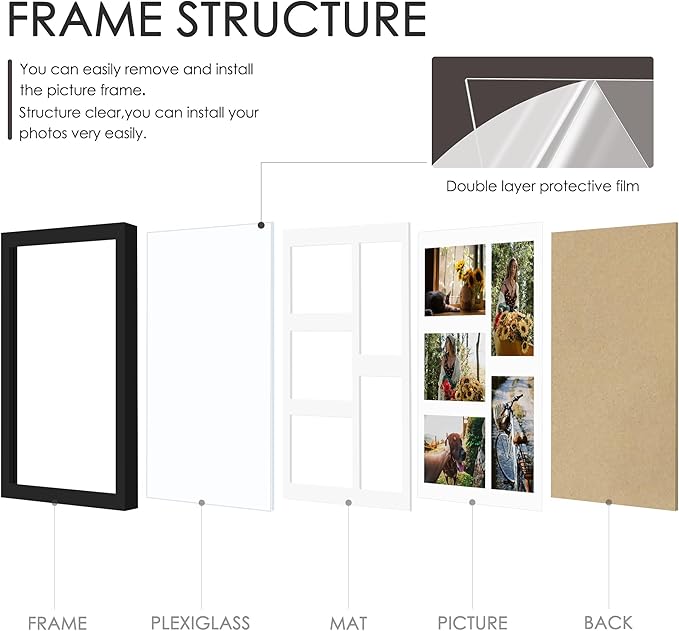 11x14 Collage Picture Frame, 4x6 Collage Picture Frame, Displays Five 4x6 inch Photos, or 11x14 (Without Mat) Wall Decor Wall Hanging or Tabletop, Black.