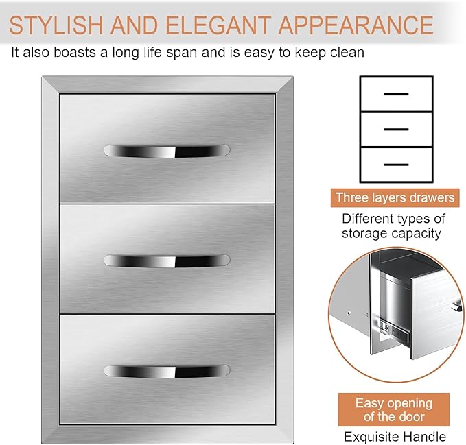 Outdoor Kitchen Drawers Stainless Steel 14W X 21H X 21D Inch, Flush Mount Triple BBQ Island Drawers with Handle for Outdoor Kitchens, Patio or Grill Station