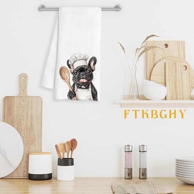 Funny French Bulldog Chef Kitchen Towels, Frenchie Gifts for Women Men, Gifts for Chef, Funny Frenchie Dog Decorative Dish Hand Tea Towels for Kitchen Bakery, 16x24 Inch