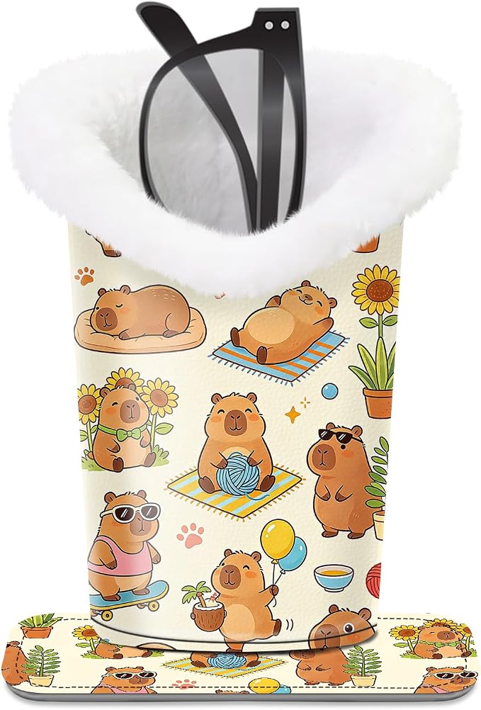 Plush Lined Eyeglasses Holder, Cute Magnetic PU Leather Glasses Stand Case for Women Men Kids