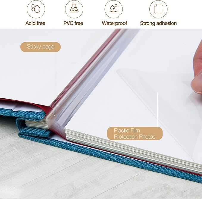 potricher Large Photo Album Self Adhesive 4x6 5x7 8x10 Pictures Linen Cover 40 Blank Pages Magnetic DIY Scrapbook Albums with A Metallic Pen (Blue)