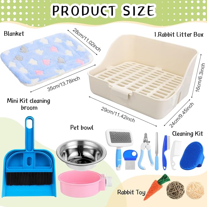 Reallnaive 15 Pcs Rabbit Starter Kit Small Rabbit Litter Box Girls Gift Animal Grooming Kit Bunny Toys Bowl Blankets with Cleaning Set for Guinea Pig Accessories(Multicolor)
