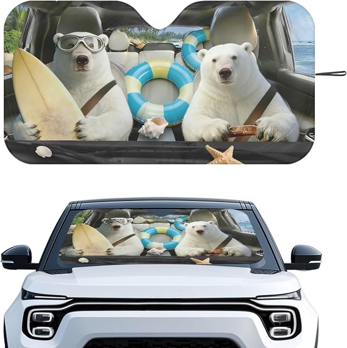 Cute Polar Bear Car Front Windshield Sun Shade Fit Most Cars SUV Trucks Universal Funny Sun Visor for UV Protection Foldable Front Window Cover Car Interior Accessories