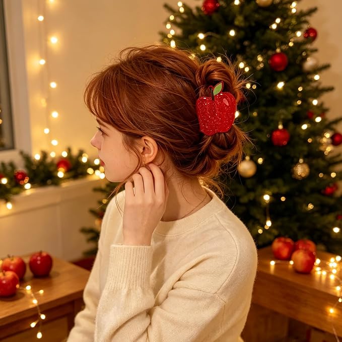 Red Apple Hair Claw Clips for Women Fruit Hair Clips Sweet Summer Jaw Clips | Cute Glitter Apple Jaw Clip Strong Hold Hair Barrettes Funny Christmas Eve Hair Clamp Daily Holiday Party Hairstyle Accessory
