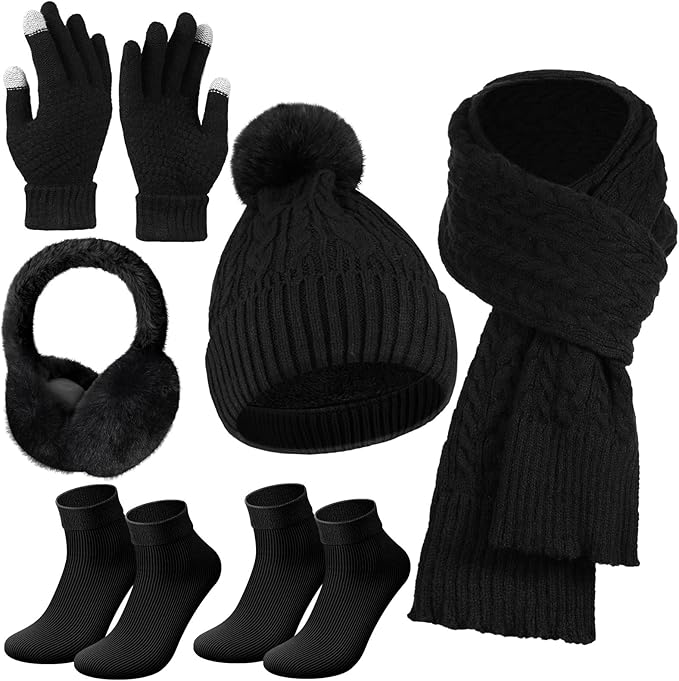 Geyoga 6 Pcs Winter Warm Set for Women Warm Beanies Hats Touchscreen Gloves Long Scarf Ear Muffs Socks Winter Gifts for Women