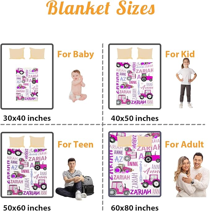 Personalized Tractors Blanket - Custom Name with Farm Tractor Trucks Design - Soft Plush Flannel Bed Blanket for Baby Kid Teen Boys Girls Customized Gifts White & Purple