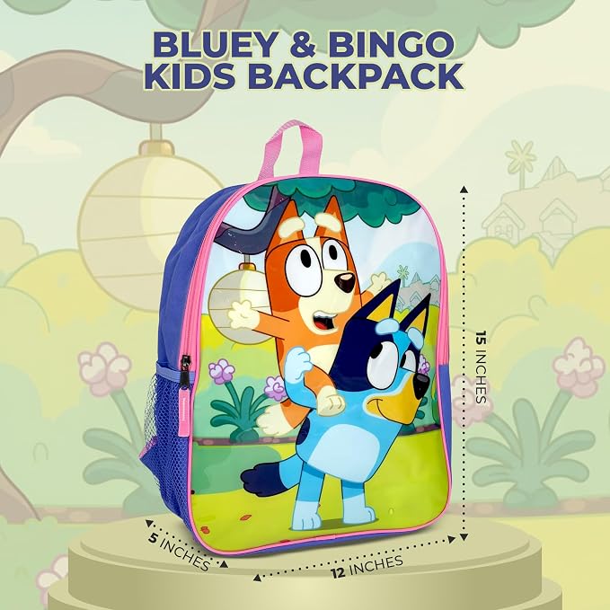 AI ACCESSORY INNOVATIONS Bluey & Bingo Kids Backpack, Elementary School Girls Book Bag with Padded Straps, Purple