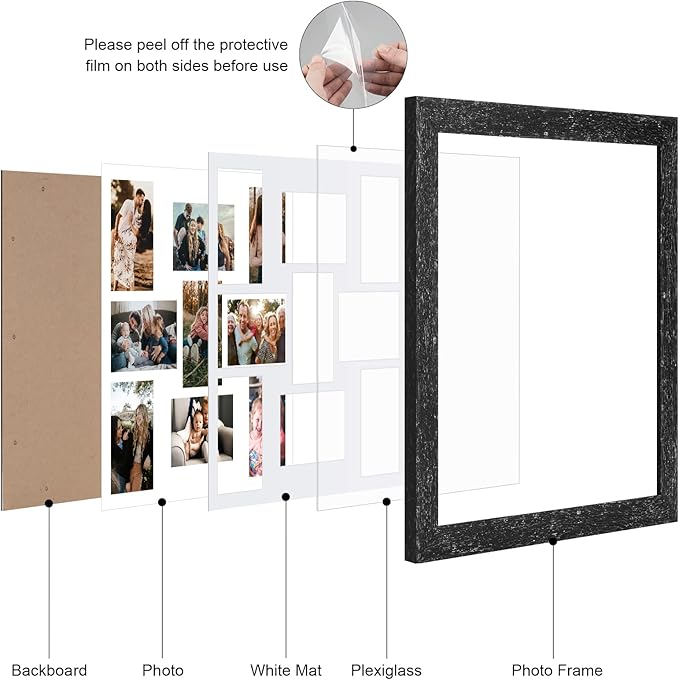 17x17 Picture Frame Display 9 opening 4X6 Picture Frame Collage,Multi Photo Frame with Mat,Plexiglass,Wall Mount Decor,Black Wood Grain