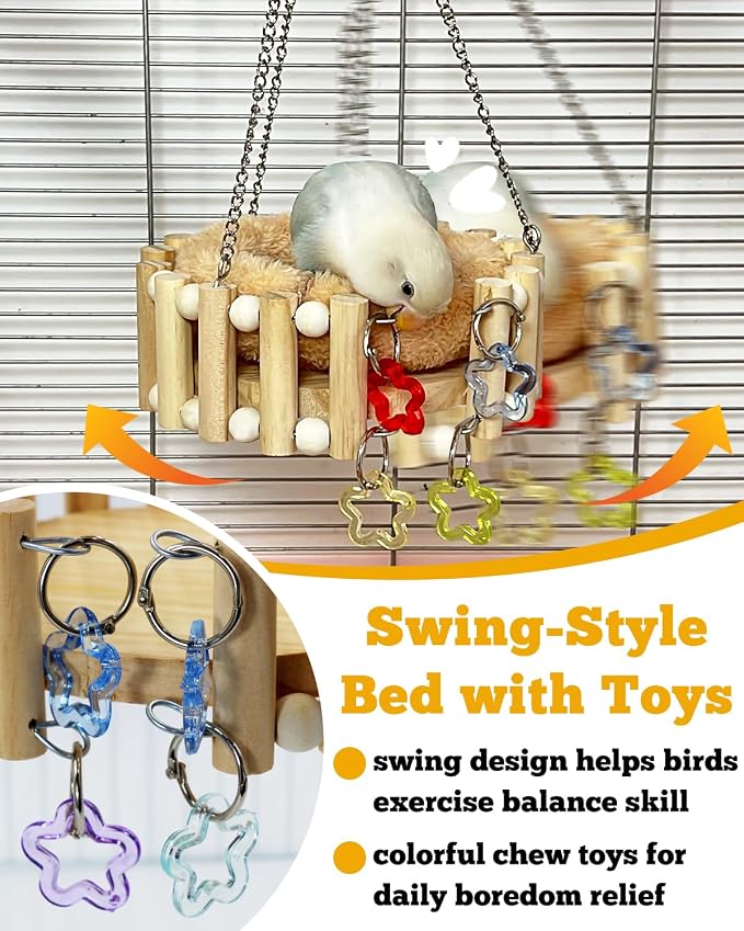 Wooden Bird Sleep Nest, Open Hammock with Toys for Small Birds | Kiln-Dried Wood Cage Bed with Detachable Cotton Pad, All-Season Comfort for Small Sized Birds Budgies Lovebirds Finch Canary