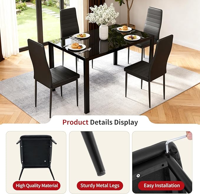 FDW | Dining Chairs Set of 4 | Black | Kitchen Chairs 4 Upholstered Chairs and Faux Leather Cushions | Space-Saving and Modern Design | for Dining Room, Easy to Assemble