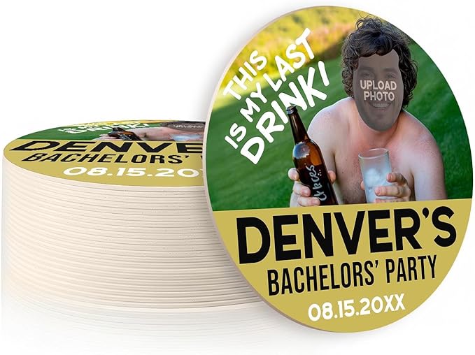 20 Pack Personalized Bachelor Party Coasters, Custom Cardboard Drink Coasters with Photo Print and Text, Fun Bachelor Party Favors and Gifts, 3.95" Round, Design 5