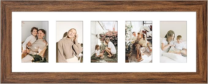 8x24 Picture Frame Display 5 opening 4X6 Picture Frame Collage,Multi Photo Frame with Mat,Plexiglass,Wall or Tabletop Decor,Carbonized Brown Wood Grain