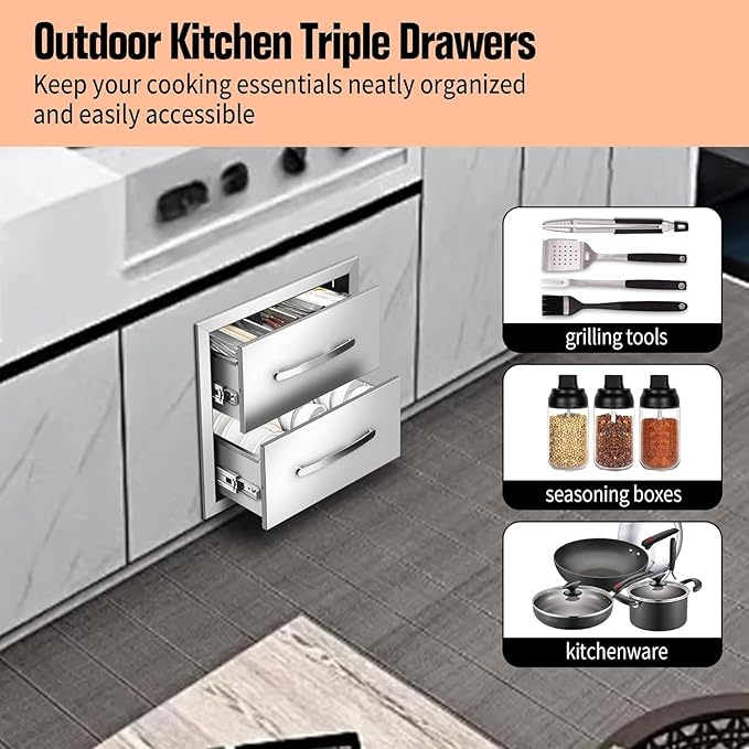 Outdoor Kitchen Drawers Stainless Steel 14W X 14.3H X 23D Inch, Flush Mount Double BBQ Island Drawers with Handle for Outdoor Kitchens, Patio or Grill Station