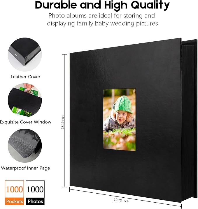 1000 Pocket Photo Album 4x6 Leather Cover, Extra Large Capacity Holds 1000 Horizontal and Vertical Photos, Acid Free Non Stick Pages with Front Window, Perfect for Wedding Family Baby Memories (Black)