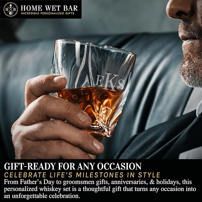 Personalized Whiskey Glasses – Custom Engraved Twist Whiskey Glass Set of 4 & Display Case with Whisky Stones by Home Wet Bar