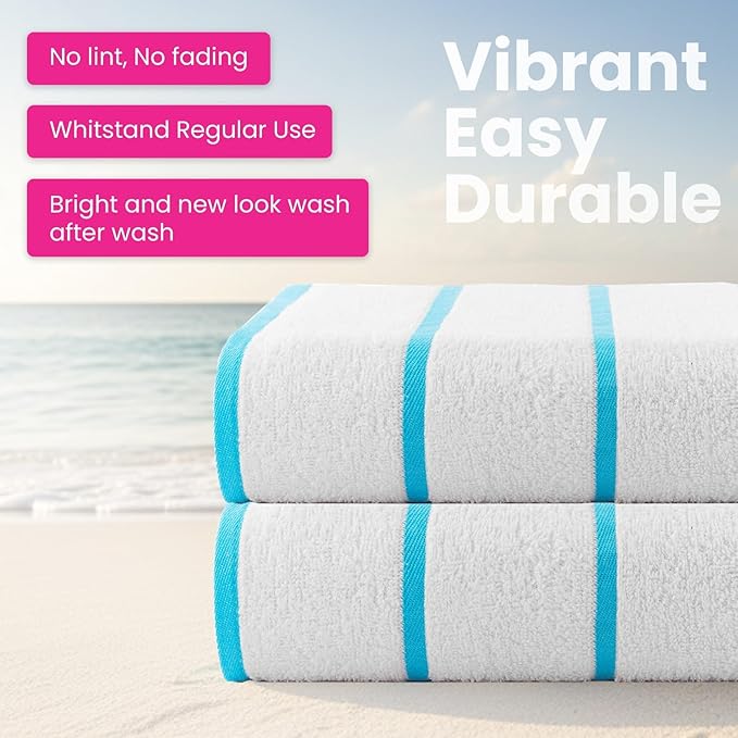 CASA COPENHAGEN Cabana Pool Bath Sheet, 70" x 35", Designed in Denmark Rough and Tough, Quick Dry, for Pool, Bath, Beach & Shower 2 Piece Cotton Pool Towels Set - White Teal Stripe