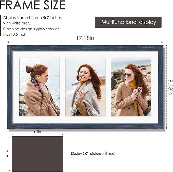 8x16 Collage Picture Frame 5x7 Collage Picture Frame Displays Three 5x7 inch Photos or 8x16 (Without Mat) for Available Horizontal Wall Mounting Display and Vertical Navy Blue