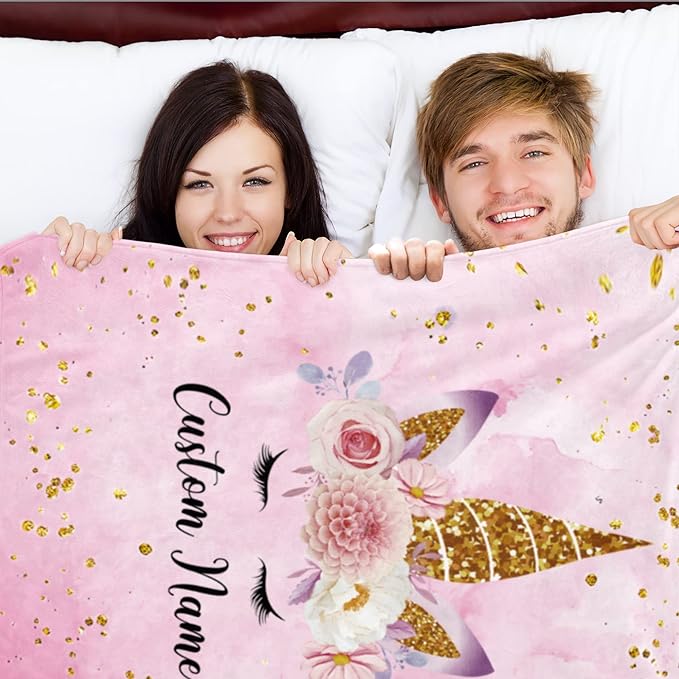 Personalized Unicorn Blanket with Name for Girl, Custom Name Blanket for Teen, Soft Flannel Pink Unicorn Toddler Blanket Customized Gift for Birthday New Year Gift 50''x60''