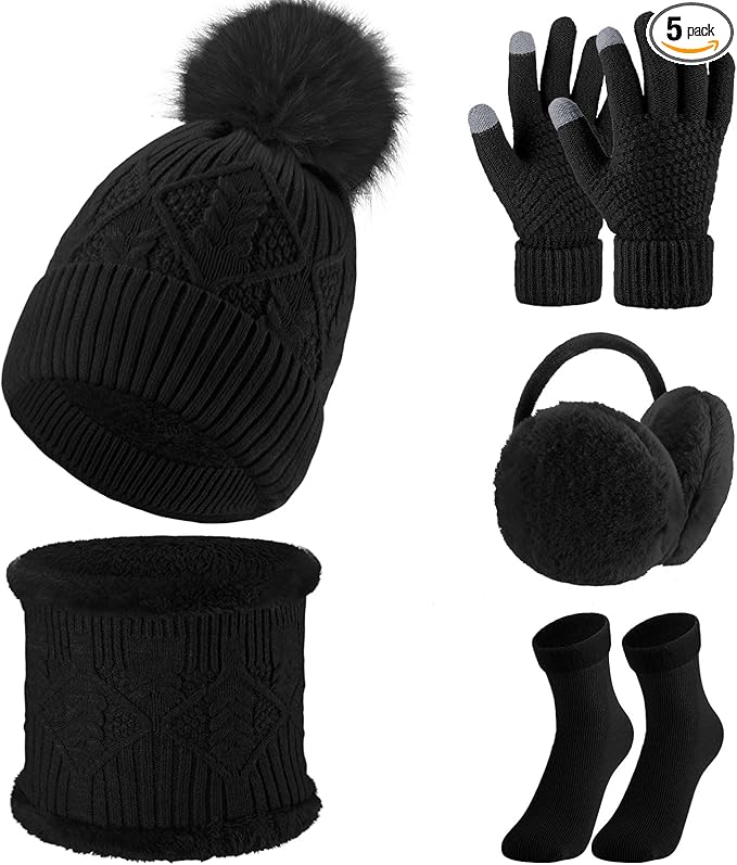 SATINIOR 5 Pcs Winter Hat Scarf Gloves Set Fleece Lined Knit Beanie Hat Warm Touch Screen Gloves Earmuff Warmer for Women(Black,Chic Style)