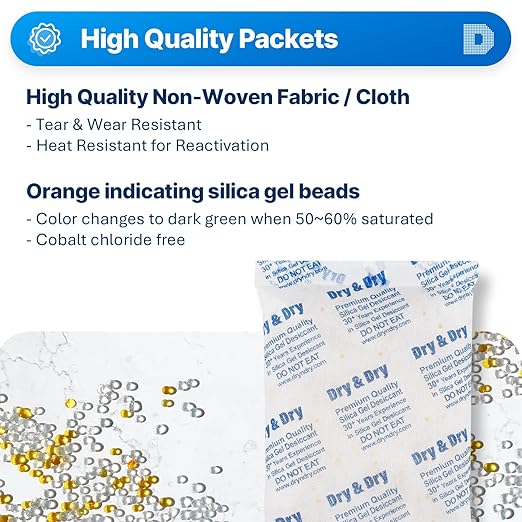 Dry & Dry 500 Gram [2 Packets] Orange Indicating Silica Gel Packets Desiccants - Food Safe Silica Packs, Silica Gel, Silica Packets, Desiccant Packs for Food Storage