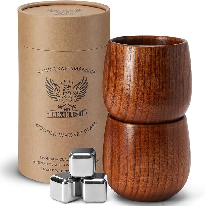 10Oz Large Wooden Bourbon Glass, Include 3 Stainless Steel Ice Cubes, The Original Wood Whiskey Cup, Old Fashioned Drinking Glasses Tumblers, Gift for Men, Dad, Husband, Brother, Friends