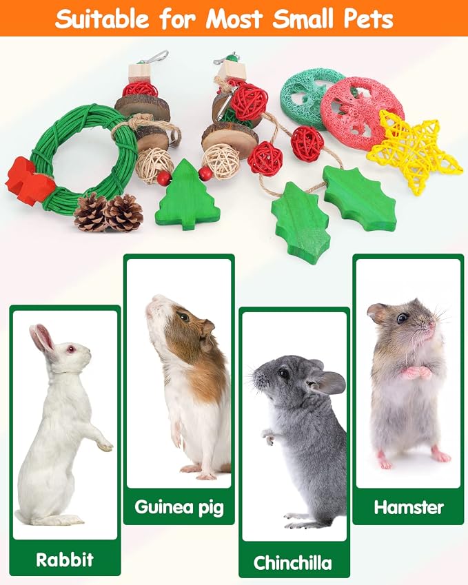 Xylolfsty Christmas Small Pet Chew Toys Set 8PCS for Guinea Pigs | Wooden Accessories for Chinchilla, Hamster & Bunny Rabbit Cages, Help Teeth Grinding, Holiday Decor and Gifts for Small Pets