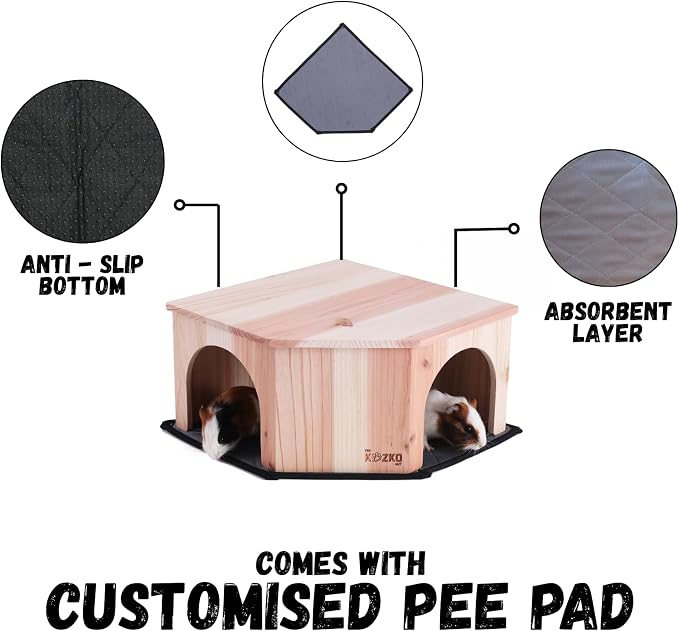 Wooden Guinea Pig Corner Hideout - Hidey for Chinchilla, Rat and Hedgehog with Pee Pad, Fully Assembled & Dual Entrances - Guinea Pig Accessories by The Kozko Hut