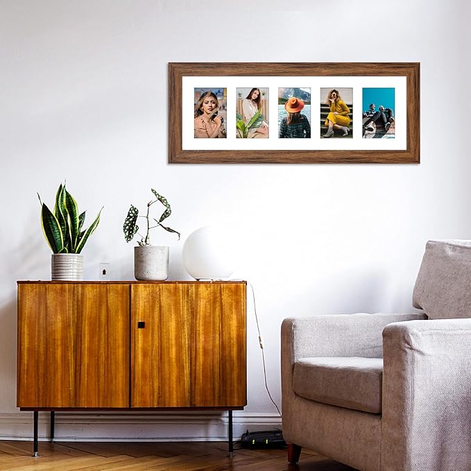 8x24 Picture Frame Display 5 opening 4X6 Picture Frame Collage,Multi Photo Frame with Mat,Plexiglass,Wall or Tabletop Decor,Carbonized Brown Wood Grain