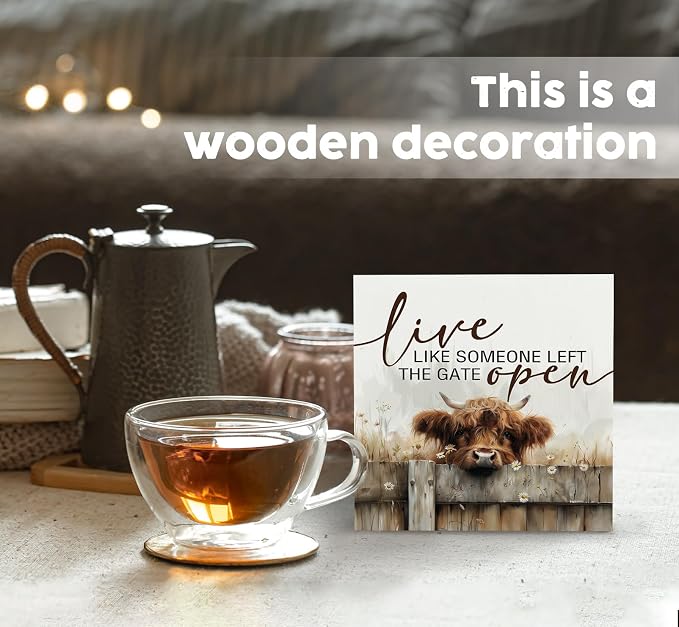 Highland Cow Farmhouse Wooden Box Sign - Farmhouse Western Animal Office Kitchen Bathroom Decor,Farm Live Like Someone Left The Gate Open,Highland Cow Gifts For Women