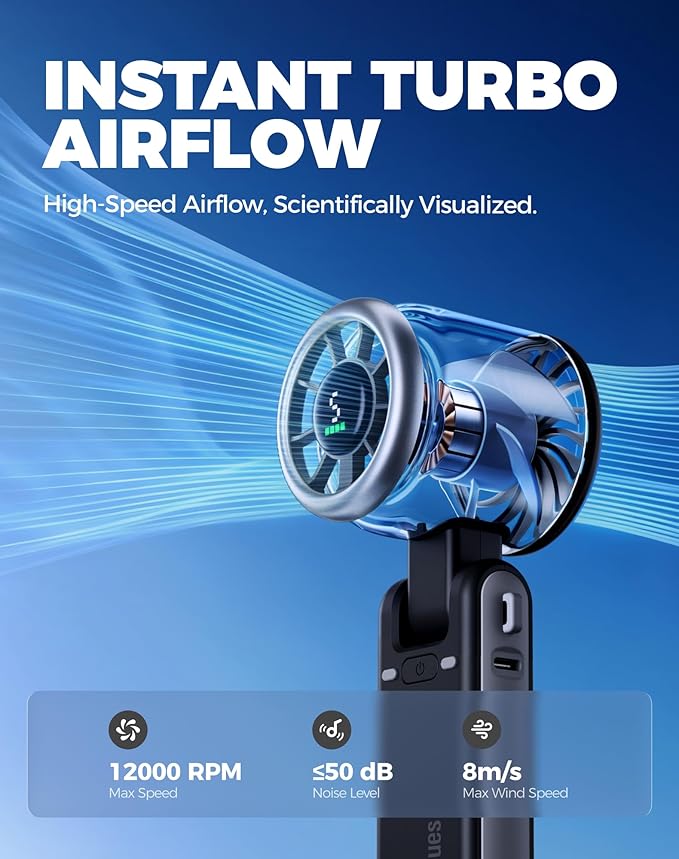 Diveblues Portable Handheld Turbo Fan, 5 Gear Wind, Battery Operated, Up to 12 Working Hours, 3 IN 1 Hand Fan with Air Turbo Tech Cooling Fan for Outdoor Activities, Travel, Working, Obsidian black