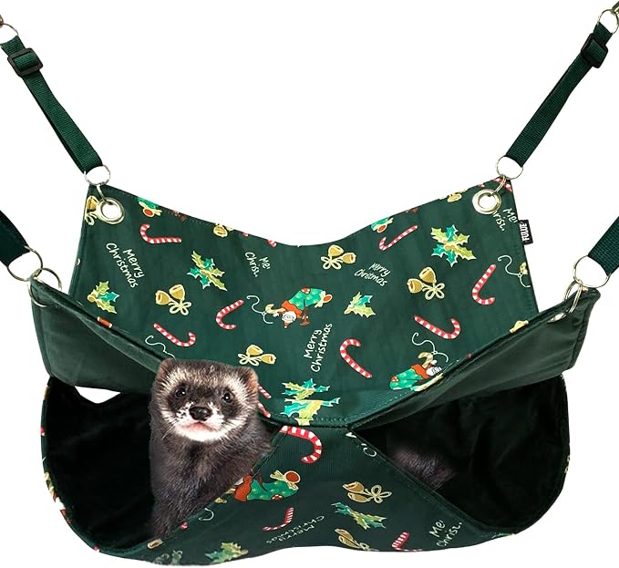 Ferret Rat Hammock,Ferret Cage Accessories Ferret Guinea Pig Hanging Bed HammockCute Ferret Stuff Tunnel for Cage Set Supplies 13.8inch (Green Christmas)
