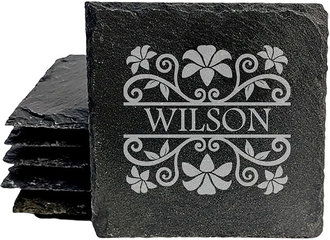 Personalized Monogram Family Coasters, Natural Stone Set, Birthday, Wedding, Customized, Rustic - Square Slate - Set of 8