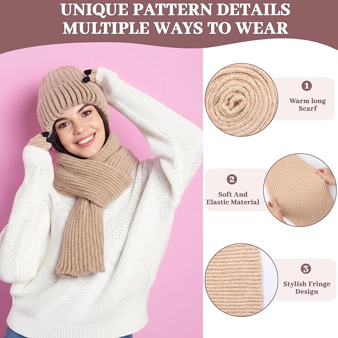 Geyoga 6 Pcs Winter Knit Set Beanie Hat Long Scarf Touchscreen Gloves Ear Muff Socks Warm Valentine Gift for Women Men Snow(Beige,Classic Style)